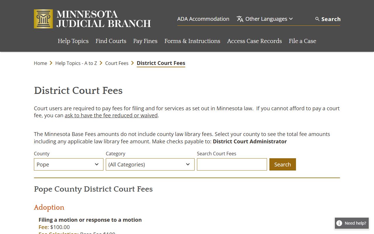 Pope County Court Administrator District Court fees
