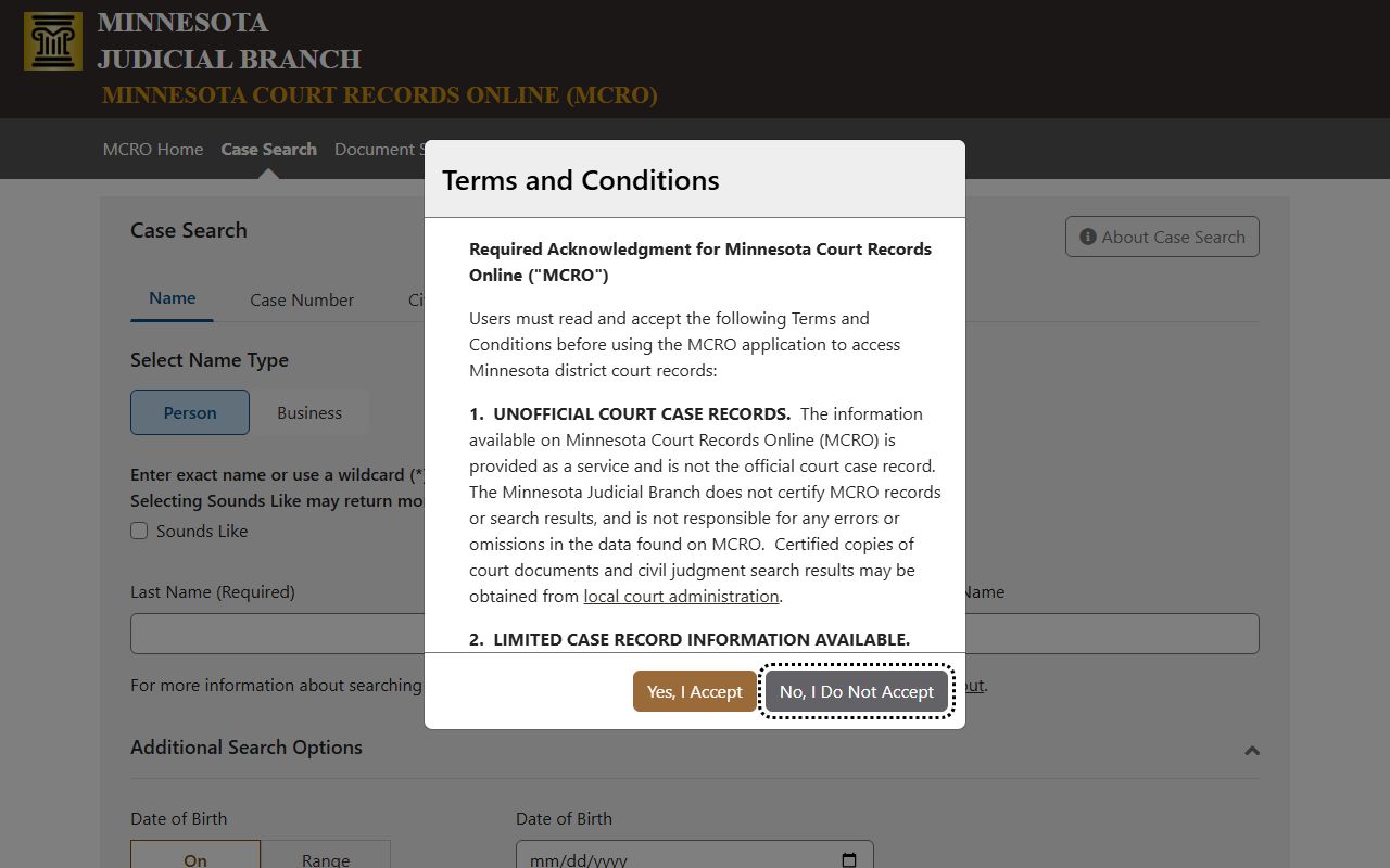 Pope County court records MCRO case search screen