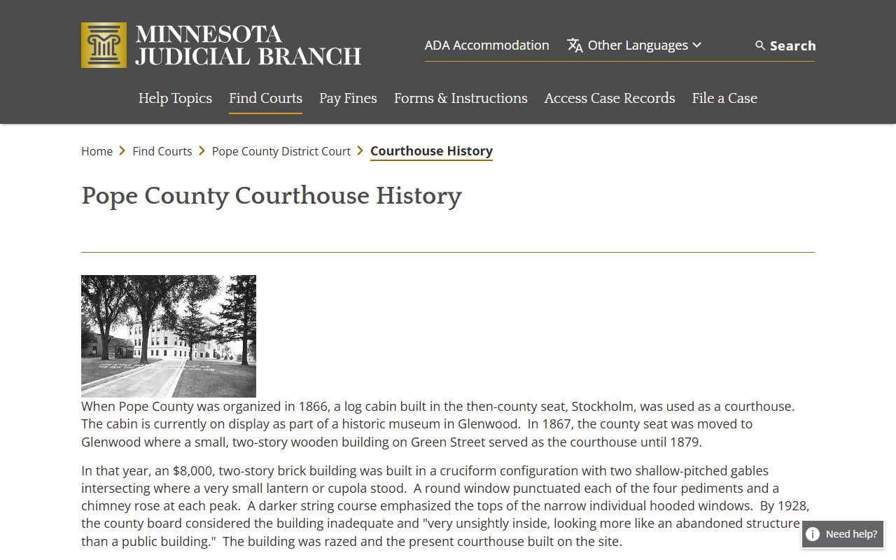 Pope County court records courthouse history page