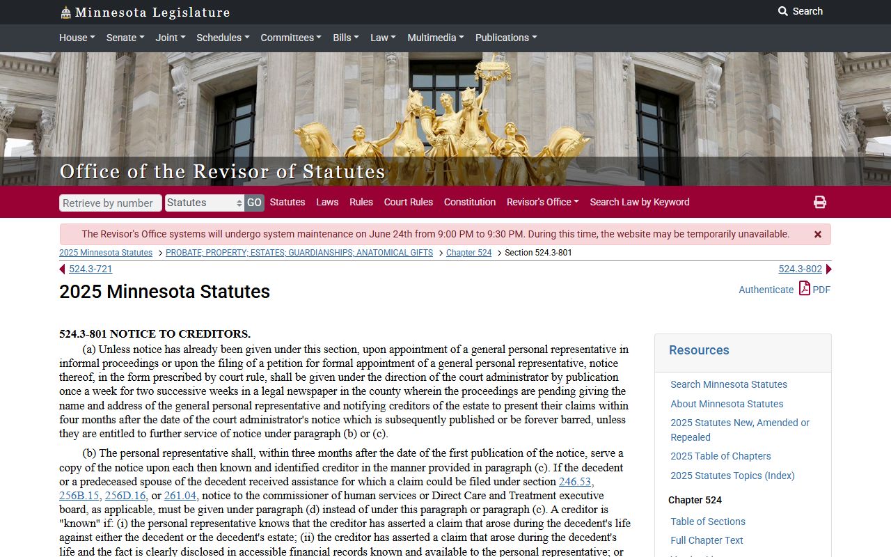 Pope County probate records Minnesota probate creditor claims statute